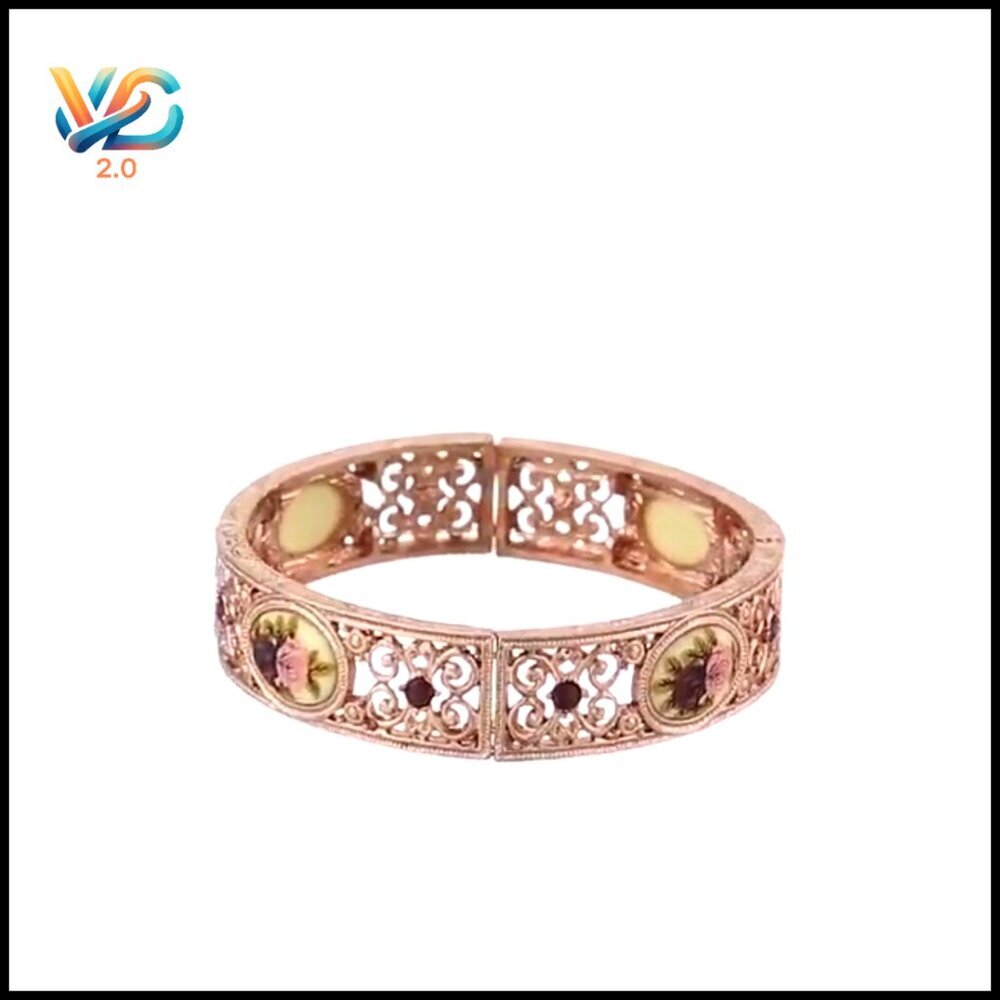 Rose Gold Stretch Bracelet Vintage Floral Crystal Elegant Romantic Aesthetic - Picture 6 of 6